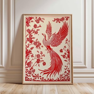 Stampa artistica di uccello fenice rosso, arte murale floreale, design cinese di carta tagliata, poster tradizionale di fenice, opera d'arte di uccelli asiatici, arte di uccelli rossi e bianchi