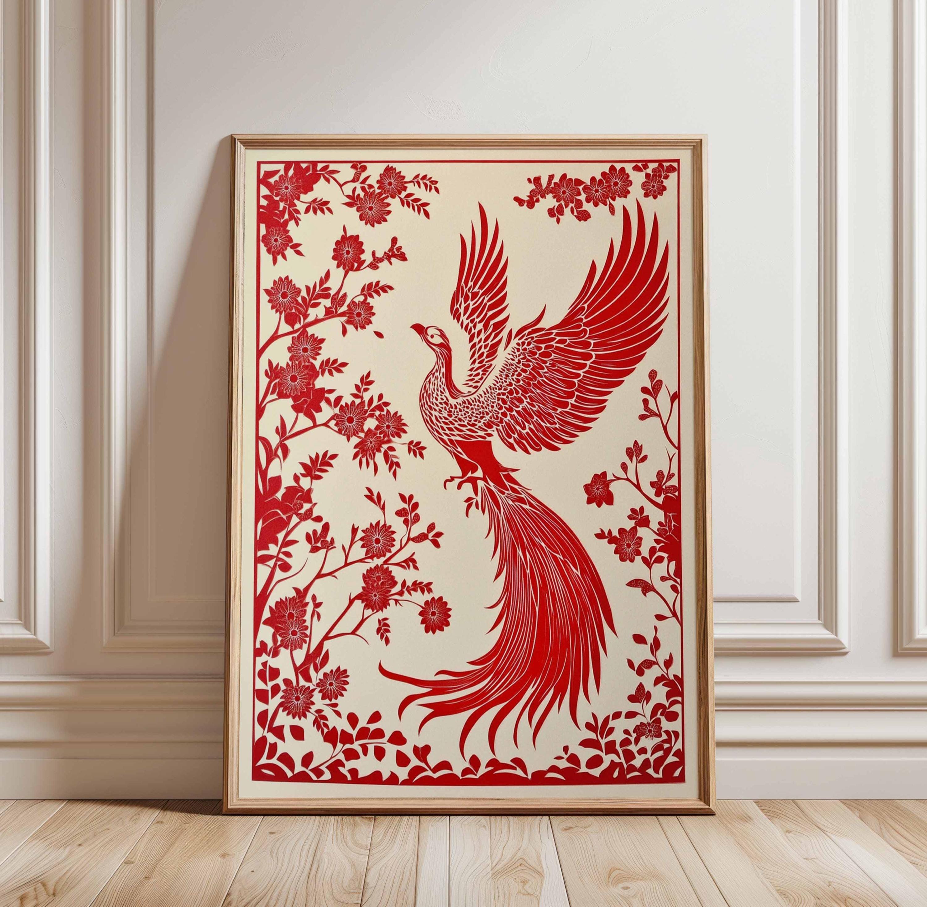 Red Phoenix Bird Art Print, Floral Wall Art, Chinese Paper Cut