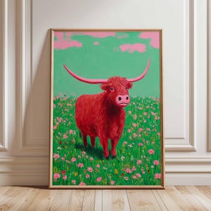 Highland Cow Poster, Colorful Pink and Green Wall Art, Scottish Cow Print for Kids Room or Nursery, Funky Farm Animal Decor