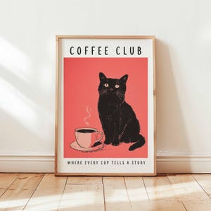 Póster de gato negro del Coffee Club, arte mural retro de gato y café, impresión decorativa de cocina roja, obra de arte de cafetería sin marco, letrero de café para amantes de los gatos