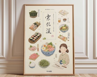 Japanese Food Poster, Cute Anime Ramen Sushi Print, Kawaii Kitchen Wall Art, Illustrated Japanese Dishes Art, Whimsical Food Decor