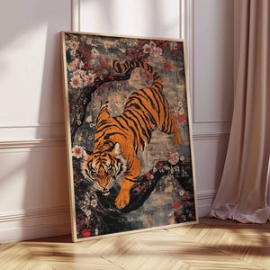 Tiger i blom – Fantastisk tigerkonstverk, natur- och tigerillustration, konst av vildkatt och körsbärsblommor, japanskinspirerat djurtryck bild 5