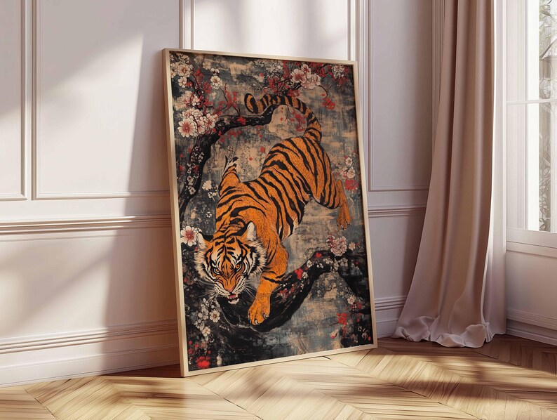 Tiger i blom – Fantastisk tigerkonstverk, natur- och tigerillustration, konst av vildkatt och körsbärsblommor, japanskinspirerat djurtryck bild 5