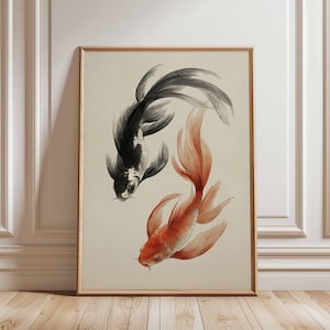Koi Fish Wall Art Print, Japanese Minimalist Fish Poster, Yin Yang Goldfish Decor, Zen Animal Illustration, Elegant Oriental Home Decor