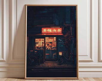 May include: A night-time view of a small shop with a red neon sign that reads "香格里拉" in Chinese characters. The shop has a glass window with a variety of items on display inside. There is a bicycle parked in front of the shop.