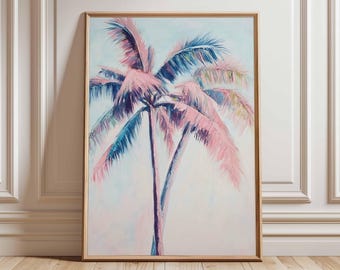 Palme Poster, Tropische Wandkunst in Blau und Pink, Küstenstrand Druck, Summer Vibes Decor, Boho Paradise Kunstwerk für Wohnzimmer