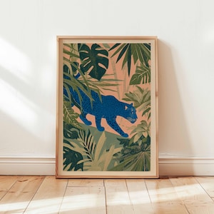 Bold Blue Panther Jungle Print – Modern Tropical Animal Wall Art in Retro Silkscreen Style, Unframed Poster Decor