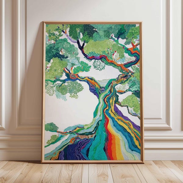 Väggkonsttryck med regnbågsträd – Färgglad naturposter, abstrakt botanisk konstverk, livfull modern heminredning, modern trädillustration
