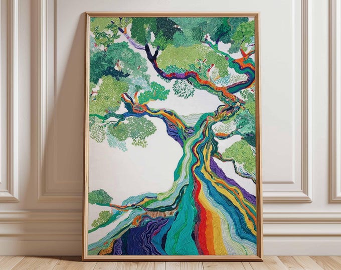 Rainbow Tree Wall Art Print – Colorful Nature Poster, Abstract Botanical Artwork, Vibrant Contemporary Home Decor, Modern Tree Illustration