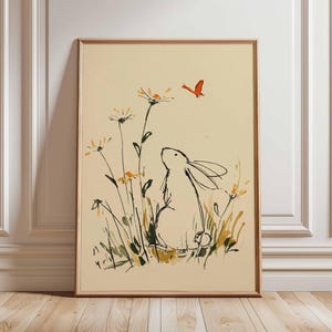 Konijnposter, grillige dierenmuurkunst, konijn illustratieprint, schattig decor voor de kinderkamer, speels natuurkunstwerk voor kinderen of dierenliefhebbers