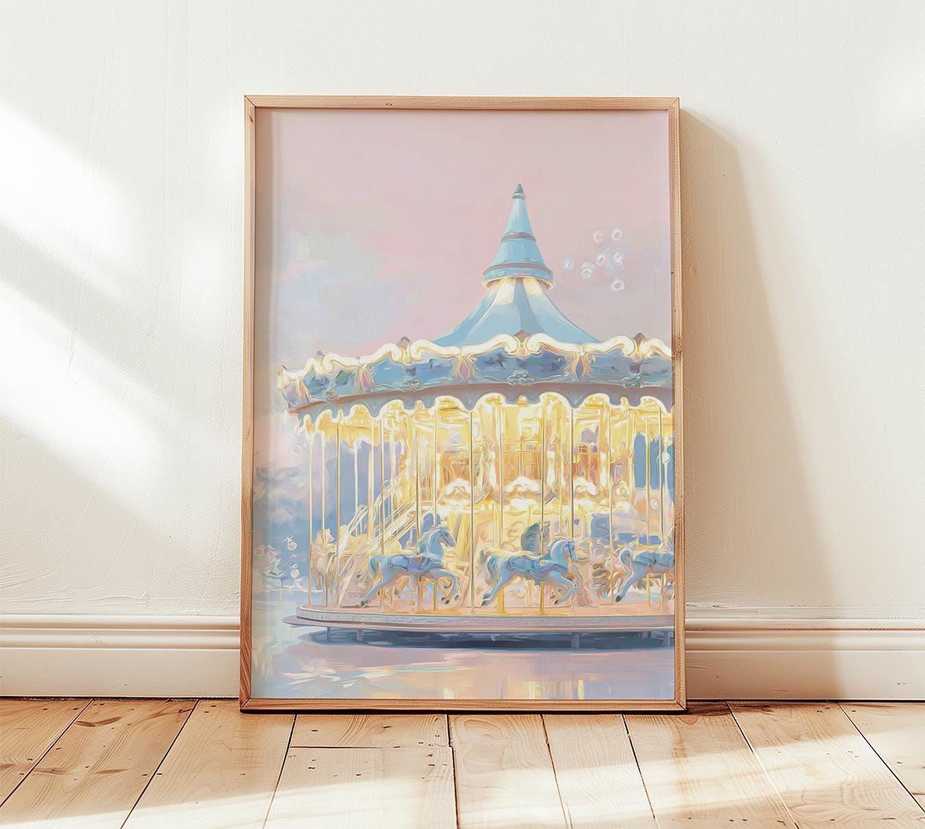 Vintage Carousel Art Print, Pastel Nursery Wall Decor, Dreamy Blue Pink ...