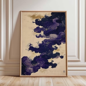 Konstposter med lila moln, abstrakt japansk målning, mystisk molnväggdekor, eleganta lila virvlar, modern heminredning bild 1