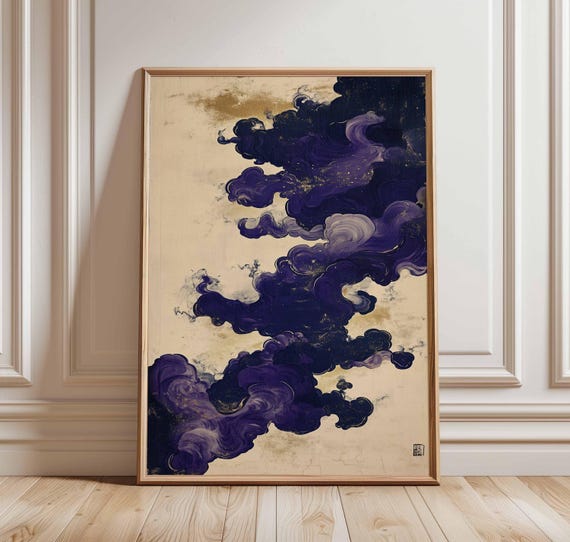 Purple Cloud Art Poster, Abstract Japanese Style Painting, Mystical Cloud Wall Decor, Elegant Purple Swirls, Modern Home Art