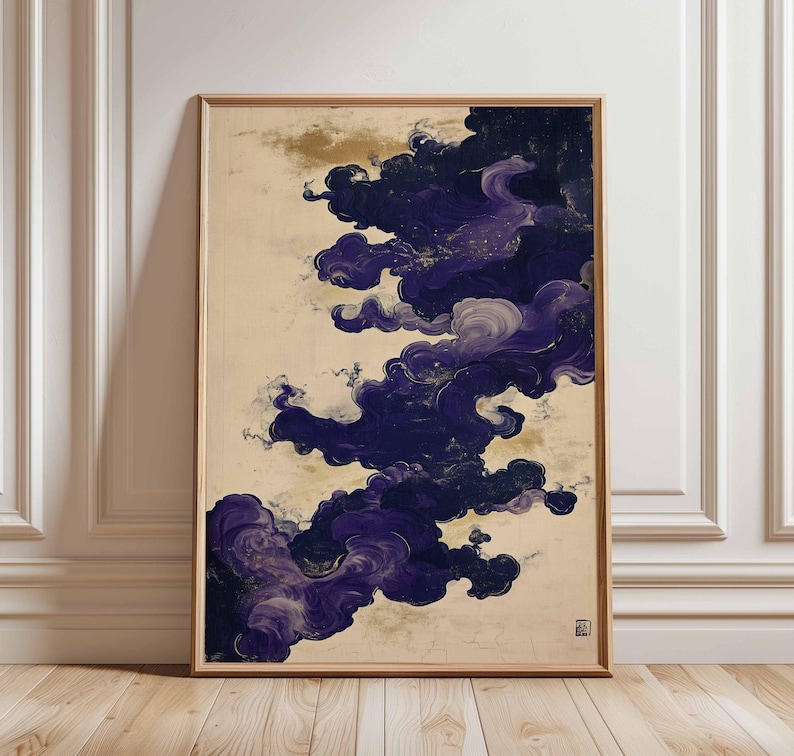 Konstposter med lila moln, abstrakt japansk målning, mystisk molnväggdekor, eleganta lila virvlar, modern heminredning bild 1