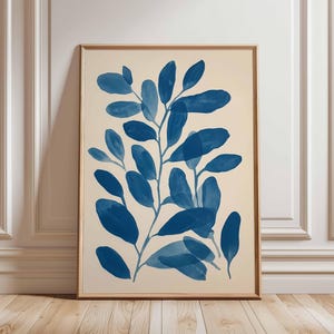 Blaue Blätter Kunst Poster, abstrakte botanische Wandkunst, minimalistischer Naturdruck, Aquarell Pflanzendekor, zeitgenössische Blattkunst