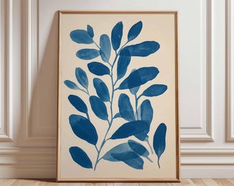 Blue Leaves Art Poster, Abstract Botanical Wall Art, Minimalist Nature Print, Watercolor Plant Decor, Contemporary Leaf Art