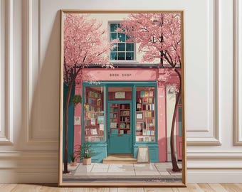 Cherry Blossom Bookstore Poster, Pink and Teal Book Shop Wall Art, Spring Street Scene Print, Whimsical Bookstore Decor, Cozy Reading Gift
