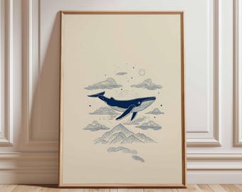Flying Whale Poster, Surreal Ocean Art Print, Minimalist Whale Wall Art, Dreamy Cloud Whale Illustration, Navy Blue Line Art Decor