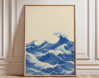 Blue Ocean Waves Dotwork Print, Japanese Style Seascape Poster, Minimalist Wave Wall Art, Modern Zen Coastal Decor