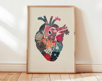 Floral Heart Wall Art Print, Anatomical Heart Poster, Botanical Illustration Artwork, Modern Medical Nature Decor, Unique Flower Art