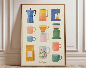 Stampa poster colorata di caffè, moderna arte murale per cucina, illustrazione di una macchina da caffè da bar, grazioso arredamento da bar, arte del caffè in stile acquerello