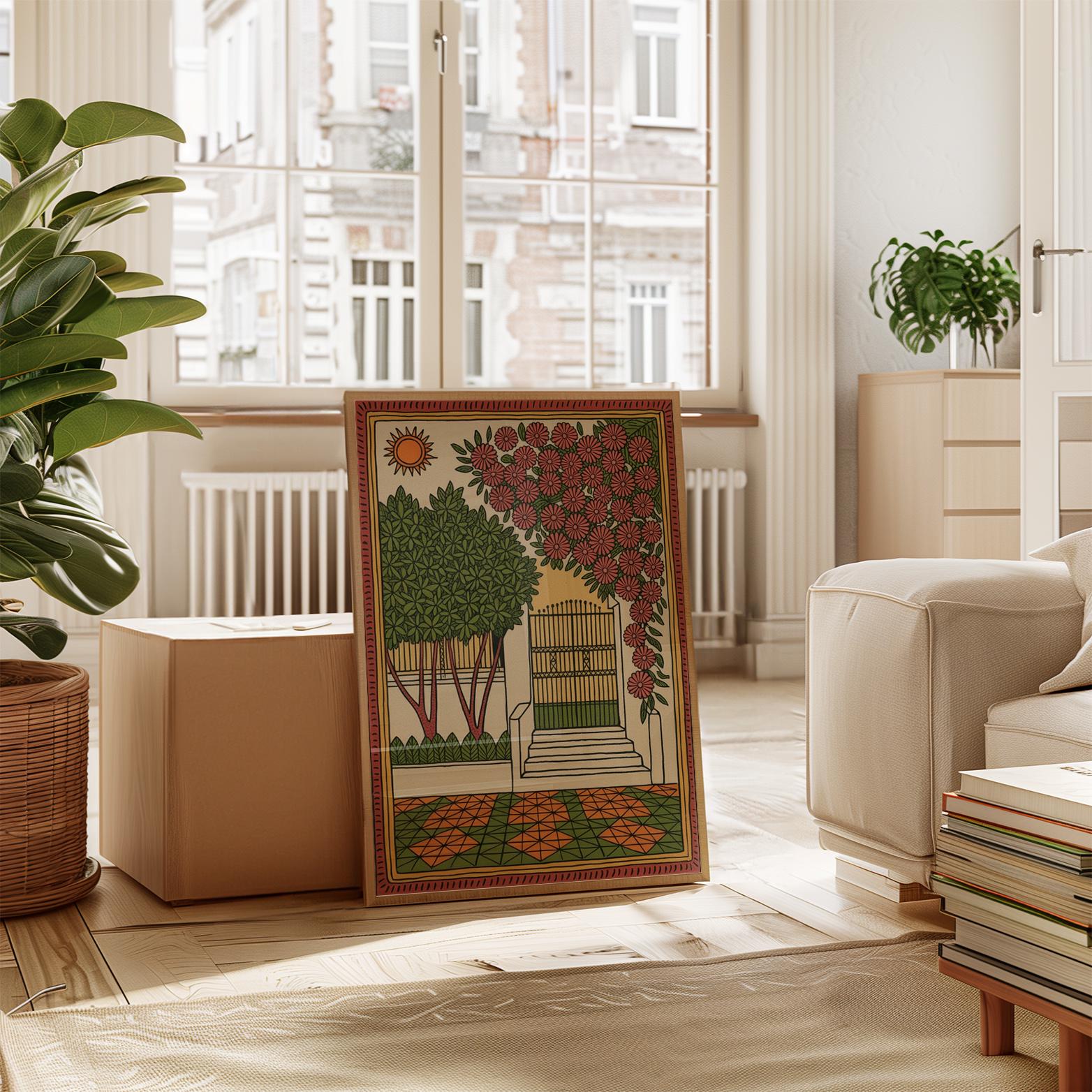 Mediterranean Garden Poster | Floral Courtyard Wall Art | Woodcut Style ...