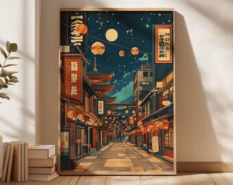 Japanese Lantern Street Poster, Vintage Japan Night Market Wall