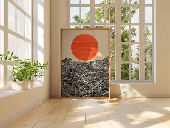 Sun and Waves Wall Art Print – Modern Minimalist Ocean Poster