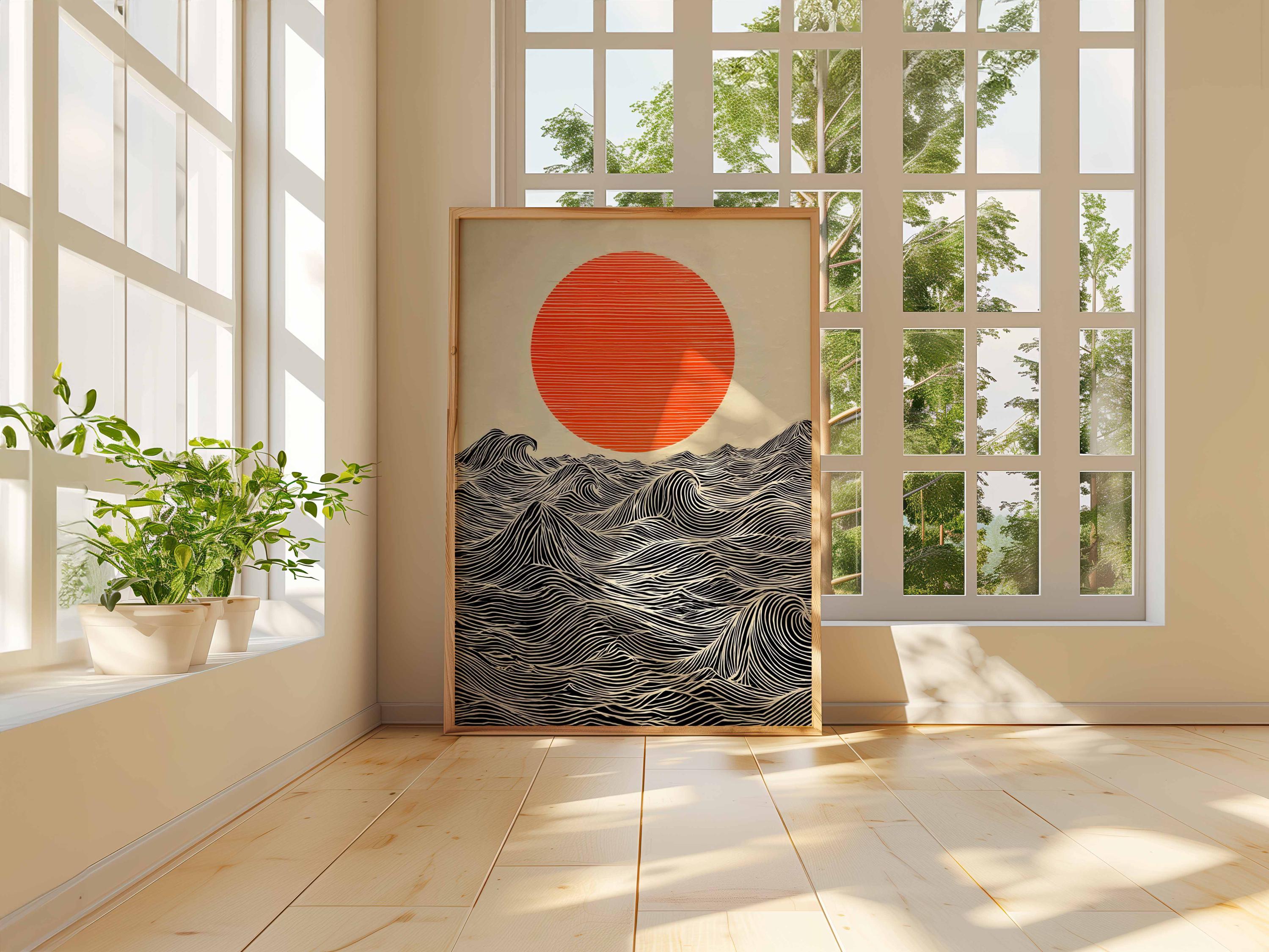Sun and Waves Wall Art Print – Modern Minimalist Ocean Poster