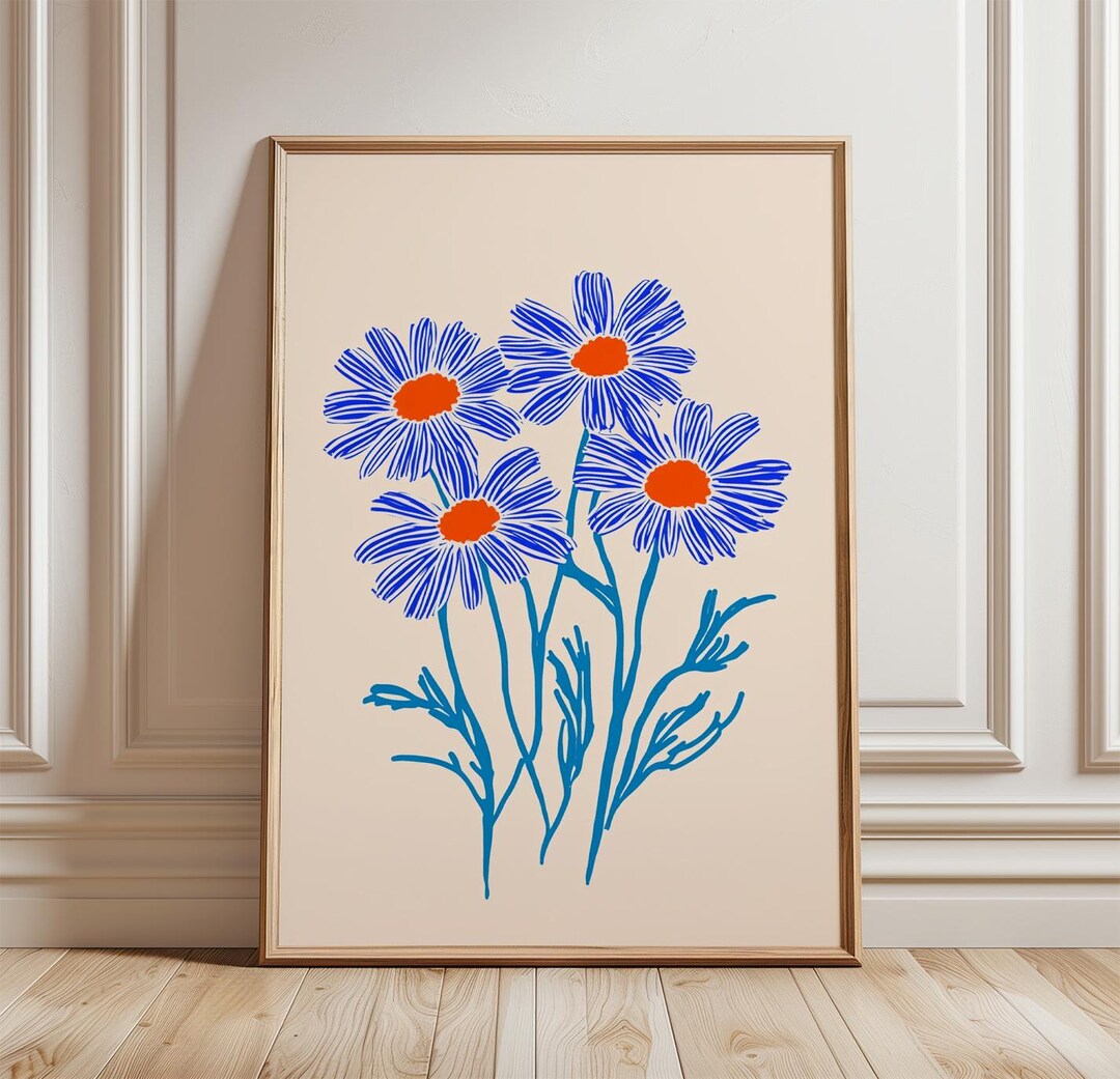 Blue Daisy Flower Poster | Minimal Botanical Wall Art | Modern Floral ...
