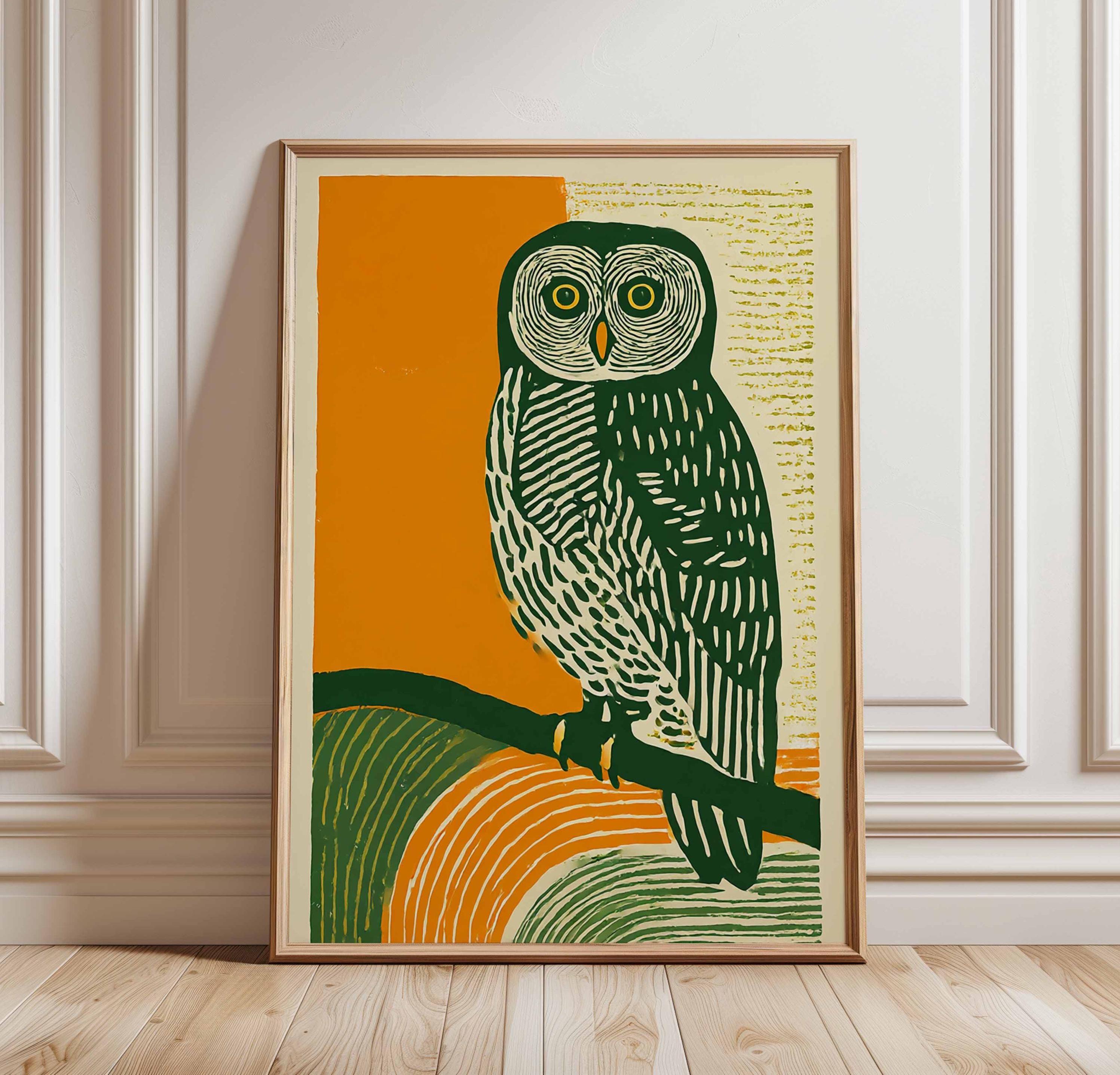 コジプロ GU ポスター オリジナルアート Green Owl Wall Art, Bold Orange Folk Art Poster, Linocut Bird