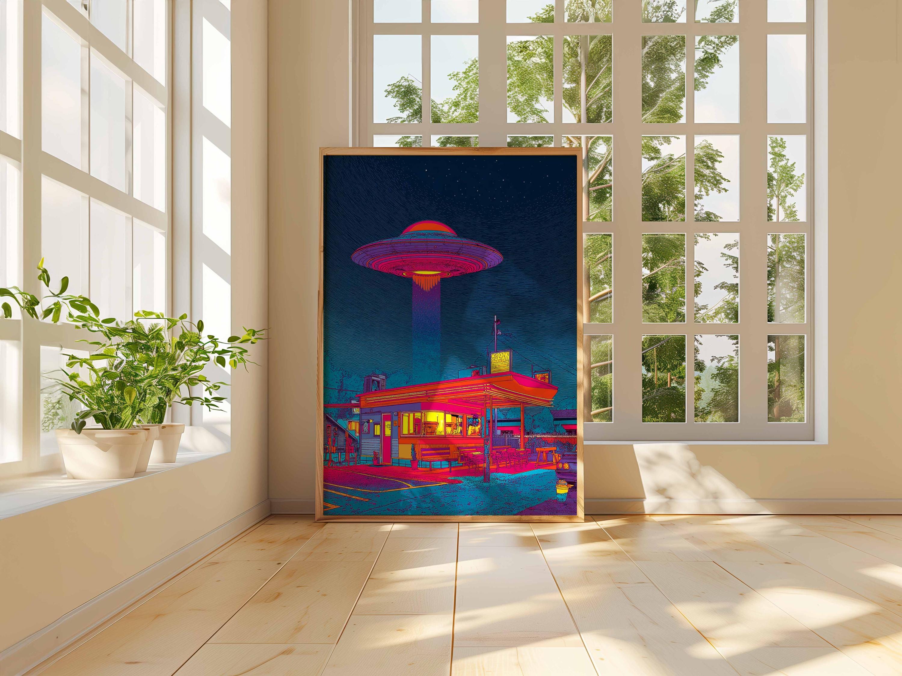 Retro UFO Diner Poster – Vibrant Neon Alien Abduction Art Print