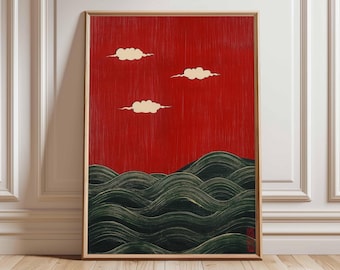 赤い日本の波のポスター、伝統的な雲の壁アート、ミニマリストの浮世絵プリント、禅の日本の風景装飾、ヴィンテージのアジアンプリント