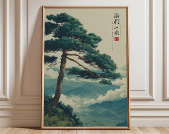May include: Framed art print featuring a detailed illustration of a pine tree with green foliage and a brown trunk. The tree is set against a backdrop of blue mountains and a cloudy sky. The artwork includes Asian characters.