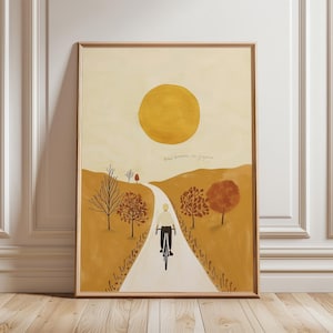 Minimal Radfahren Landschaft Poster, Neutral Boho Wand Kunst, Sonnenuntergang Papier Druck