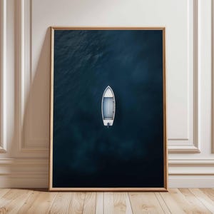 Minimalist Boat Poster – Aerial View of Boat on Dark Ocean, Calm Waters Wall Art, Tranquil Nature Print, Modern Coastal Decor