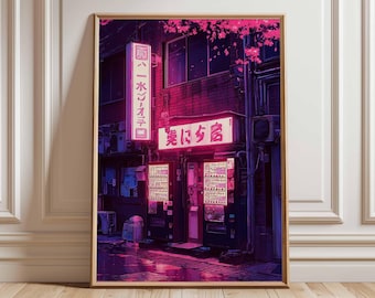 Impresión de arte mural de neón callejero de Tokio: póster ciberpunk japonés, ilustración de luces nocturnas de la ciudad, decoración urbana futurista, escena de venta japonesa
