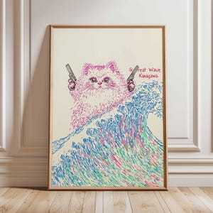 Funny Cat Poster, Great Wave Parody Wall Art, Quirky Pop Art Print, Cute Kitty Illustration, Humorous Animal Artwork, Meme Inspired Decor