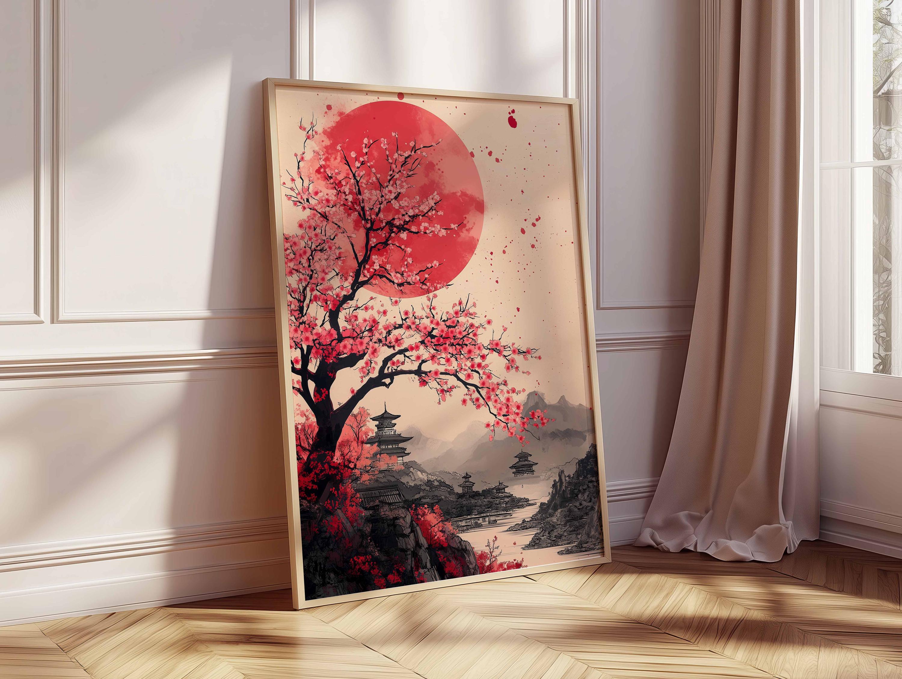 Red Sun Japanese Landscape Poster, Cherry Blossom Tree Wall Art
