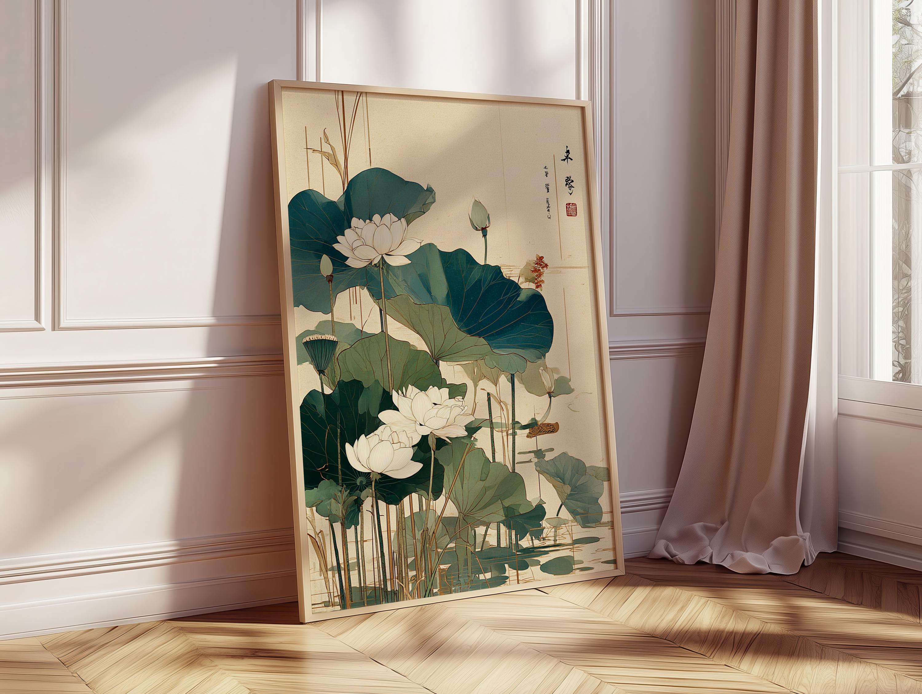 Japanese Lotus Flower Poster Green Beige Wall Art Botanical ...