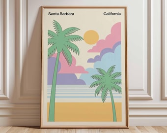 Santa Barbara California Palm Tree Art Print Poster, Retro Graphic Art, Coastal Beach Wall Decor Unique Gift