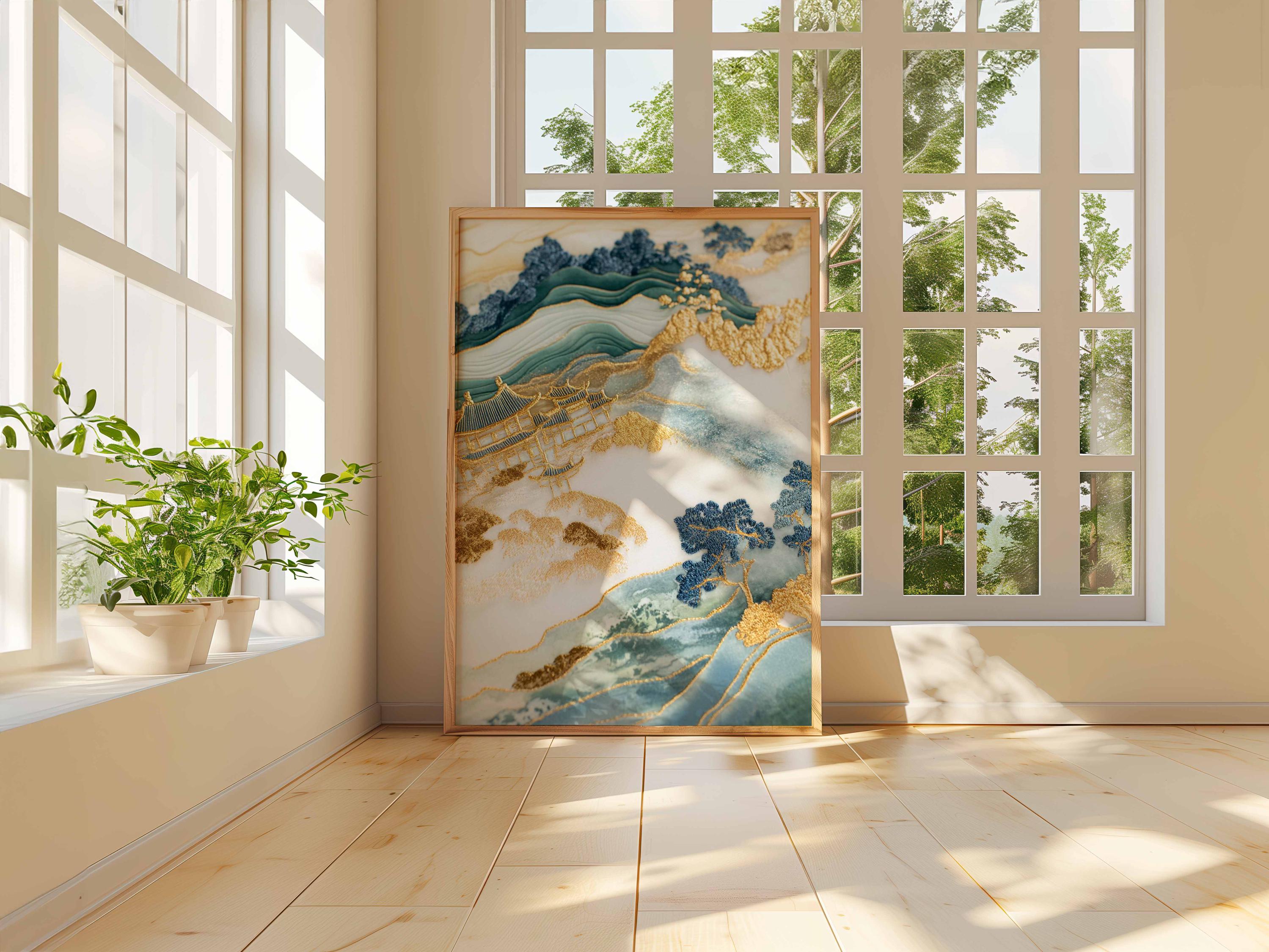 匿名配送　日本画 山の風景 金色 Golden Japanese Landscape Wall Art, Abstract Oriental Poster