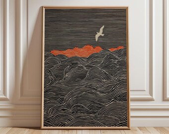Japanese Wave Bird Poster, minimal line art ocean wall print in illustration style