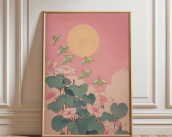 Moths and Glowing Moonflower Art Print, Japanese Woodblock Style, Pink Floral Night Wall Decor, Whimsical Botanical Poster, Ukiyo-e Art