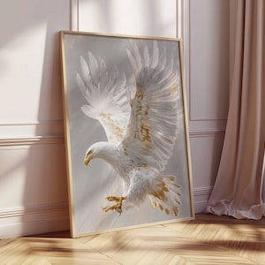 Vit örn-poster, svävande majestätisk fågelväggkonst, elegant vithövdad örn i flykt-tryck, grå neutral djurdekor, kunglig djurlivskonst bild 4