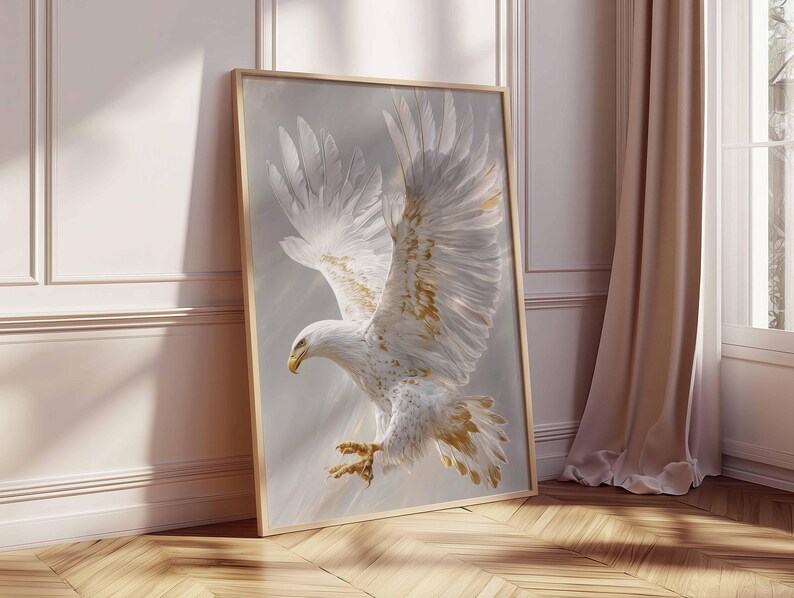 Vit örn-poster, svävande majestätisk fågelväggkonst, elegant vithövdad örn i flykt-tryck, grå neutral djurdekor, kunglig djurlivskonst bild 4