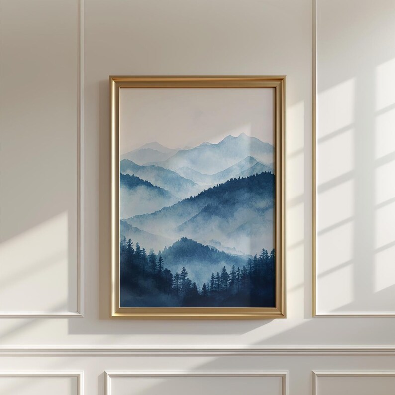 Misty Mountain Poster | Blue Landscape Wall Art | Forest Nature Print ...