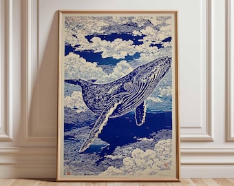 日本美術、気まぐれな生き物、クジラのアート、日本美術、壁アート