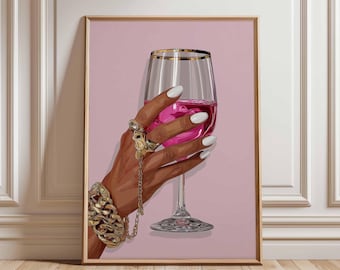 Glam Hand Holding Wine Poster, Luxury Fashion Wall Art, Pink Drink Illustration, Gold Jewelry Art Print, Unframed Chic Decor