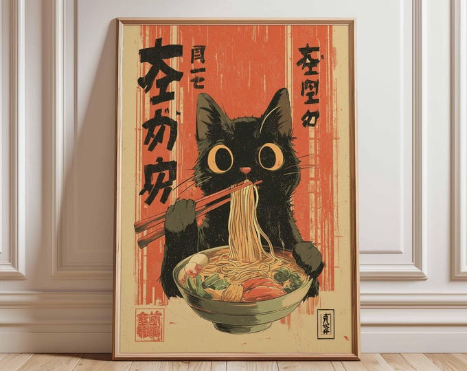 Ramen Cat Poster Japanese Noodle Wall Art – Funny Retro Anime Style Print for Kitchen, Cafe or Cat Lovers Unframed